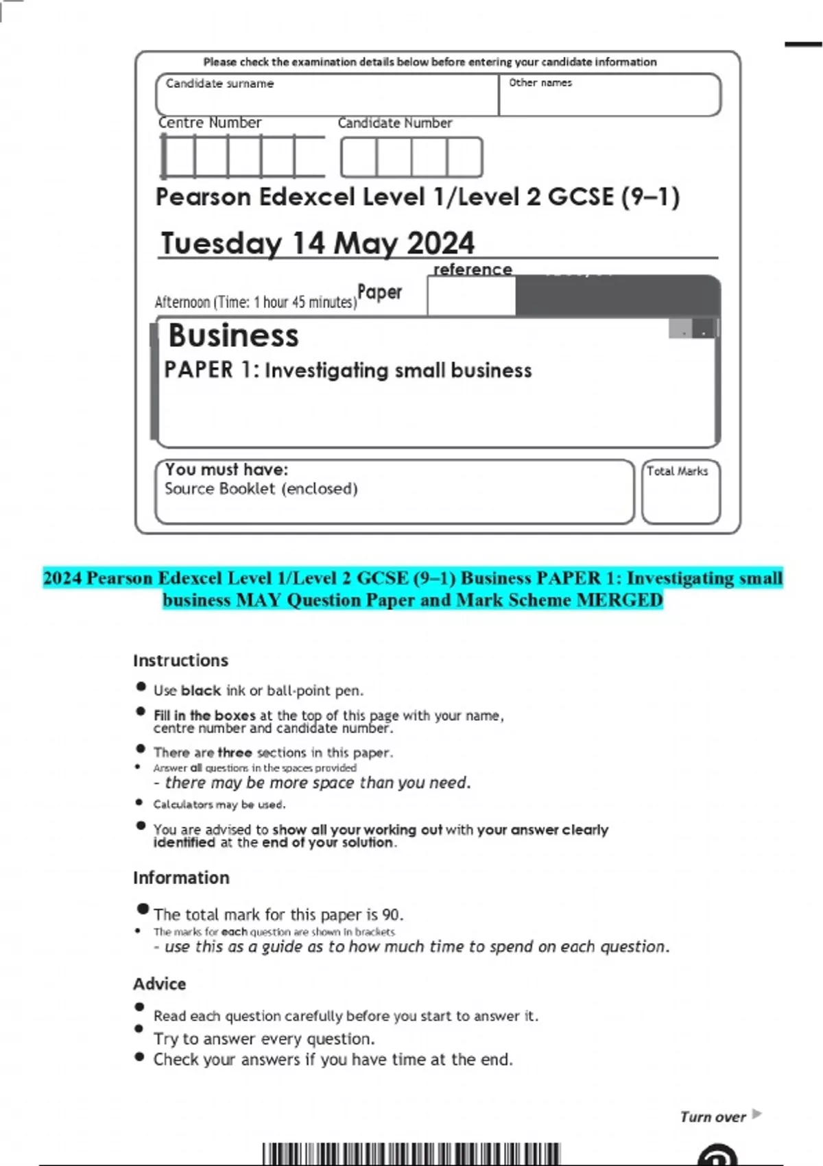 2024 Pearson Edexcel Level 1/Level 2 GCSE (9–1) Business PAPER 1 ...