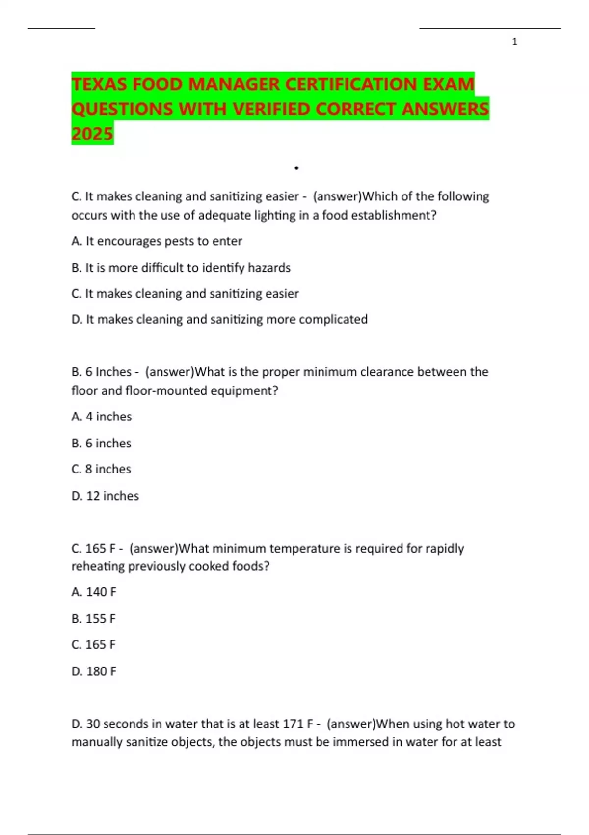 TEXAS FOOD MANAGER CERTIFICATION EXAM QUESTIONS WITH VERIFIED CORRECT ANSWERS 2025 - TEXAS FOOD ...