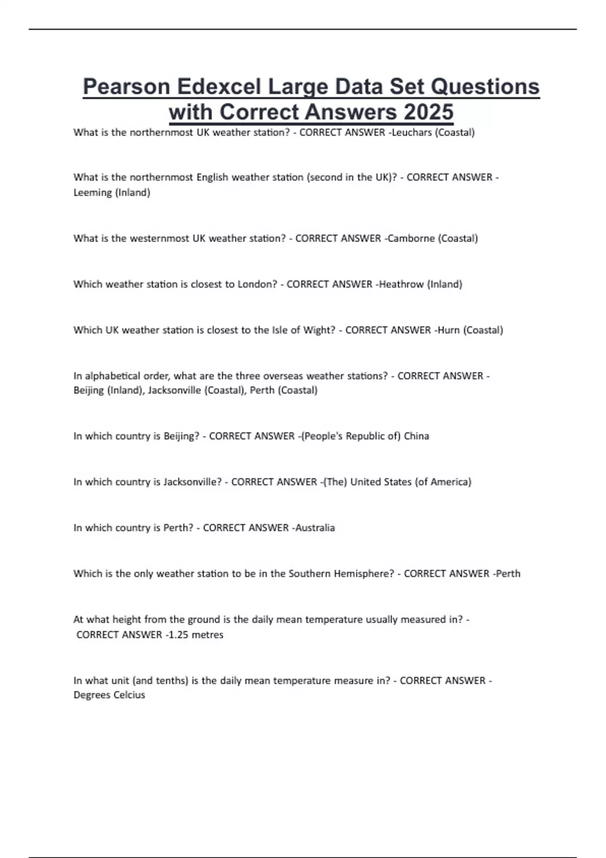 Pearson Edexcel Large Data Set Questions with Correct Answers 2025 ...