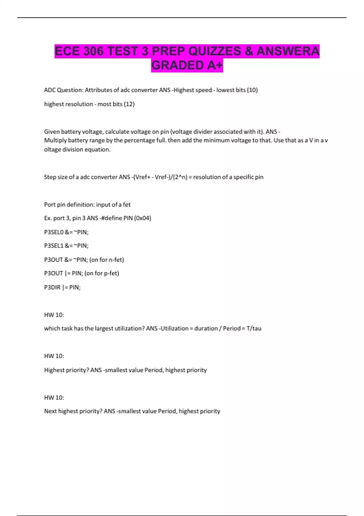 ECE 306 TEST 3 PREP QUIZZES & ANSWERA GRADED A+ - AADC - Stuvia US