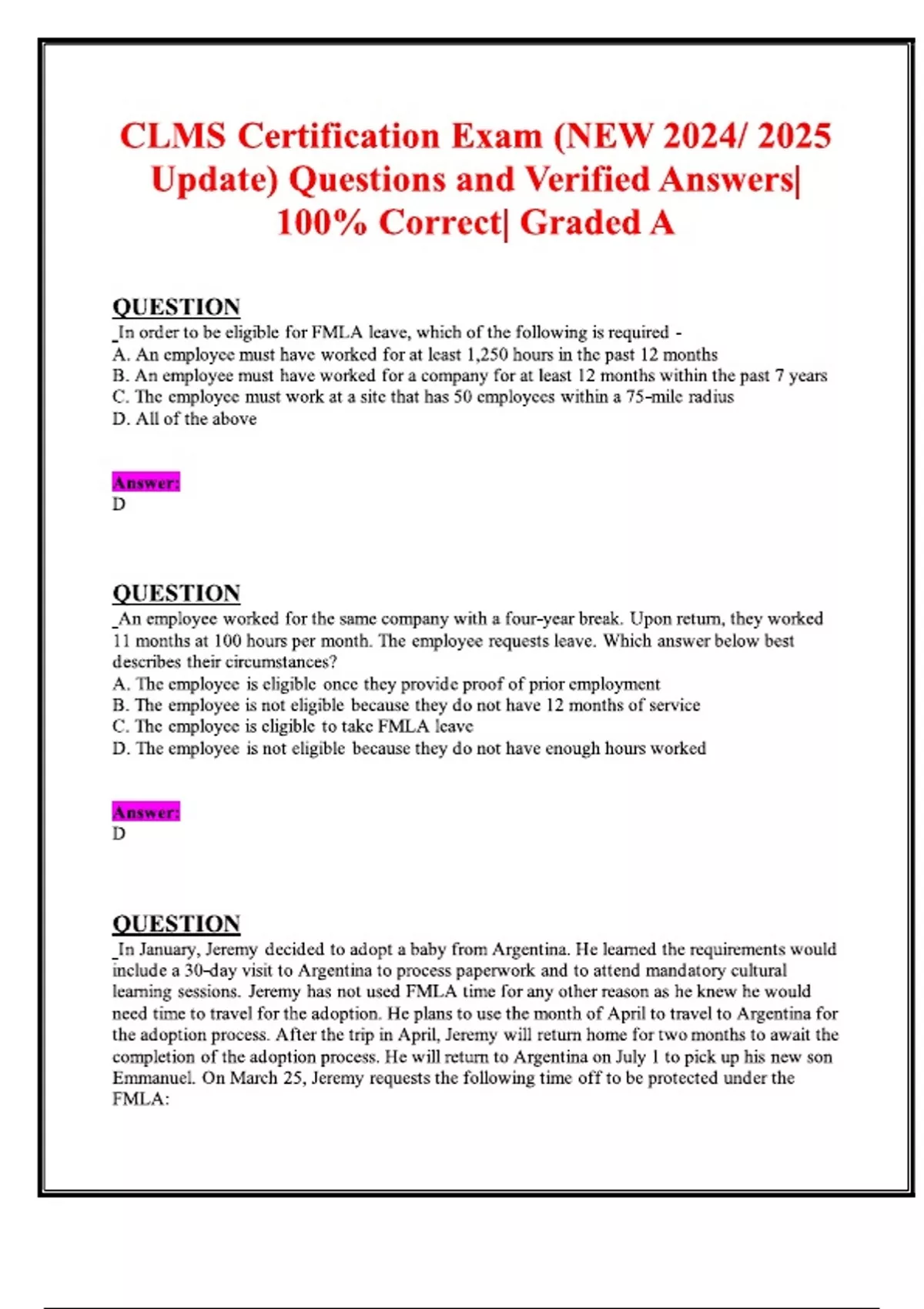 CLMS Certification Practice Exam (Latest 2024/ 2025 Update) Questions ...