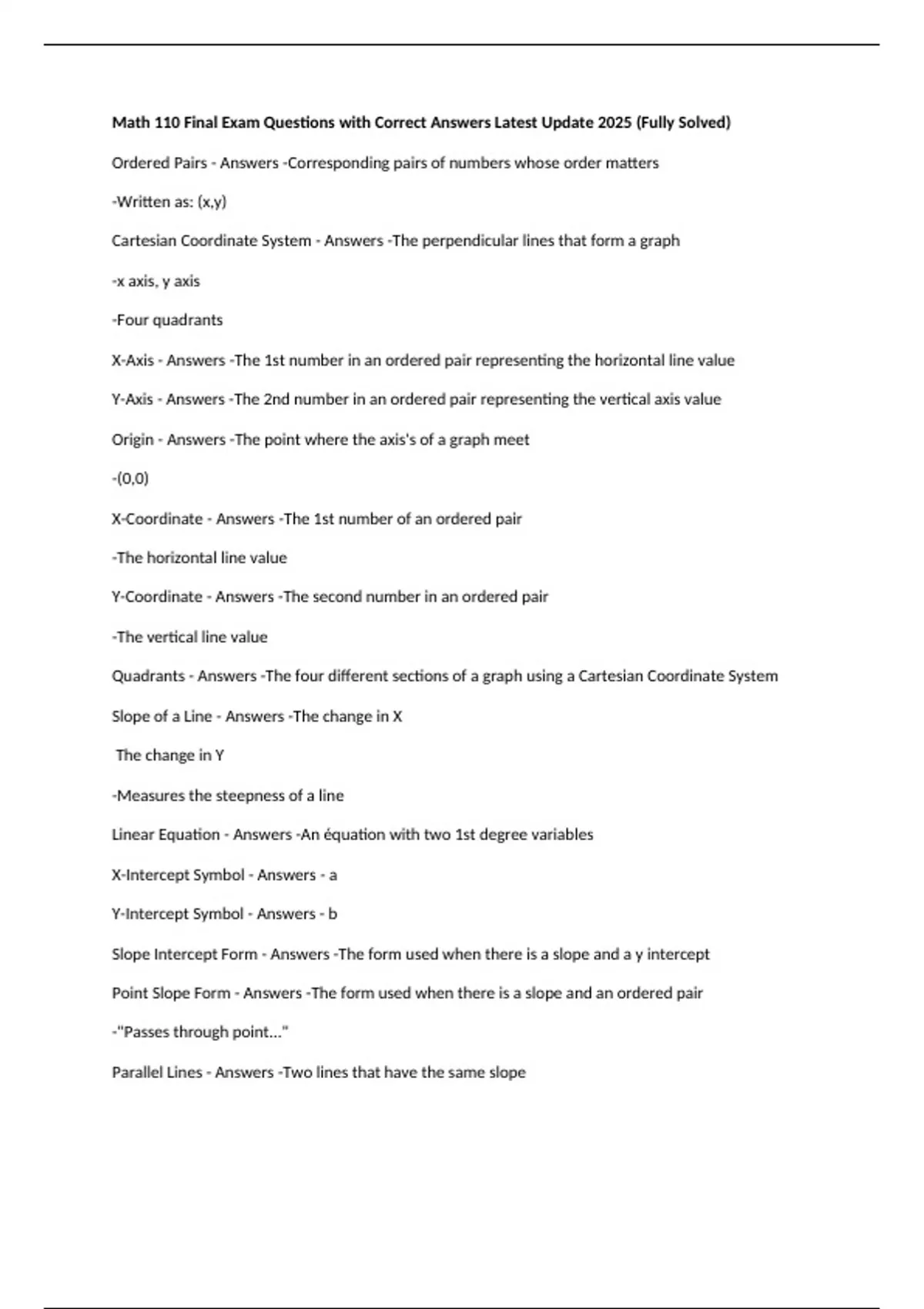 Math 110 Final Exam Questions with Correct Answers Latest Update 2025 (Fully Solved) - Math 110 ...