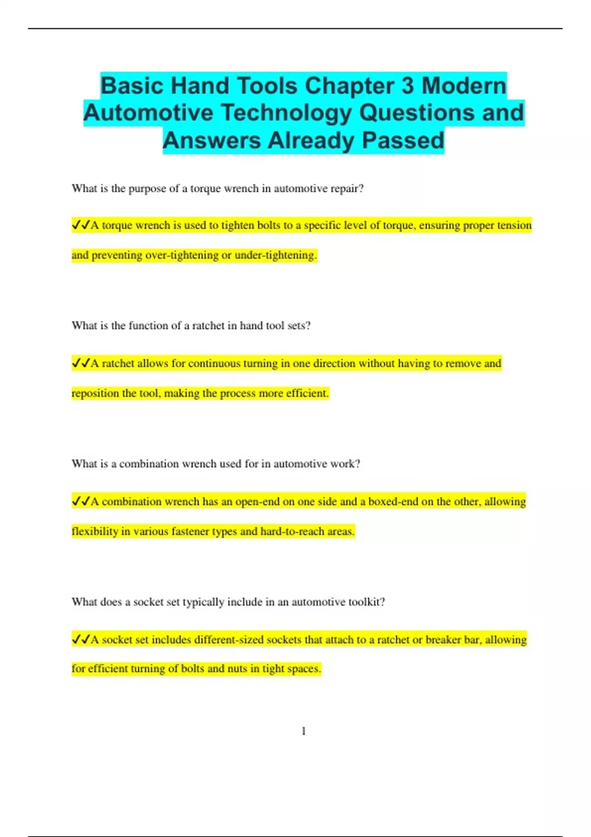Basic Hand Tools Chapter 3 Modern Automotive Technology Questions and Answers Already Passed ...