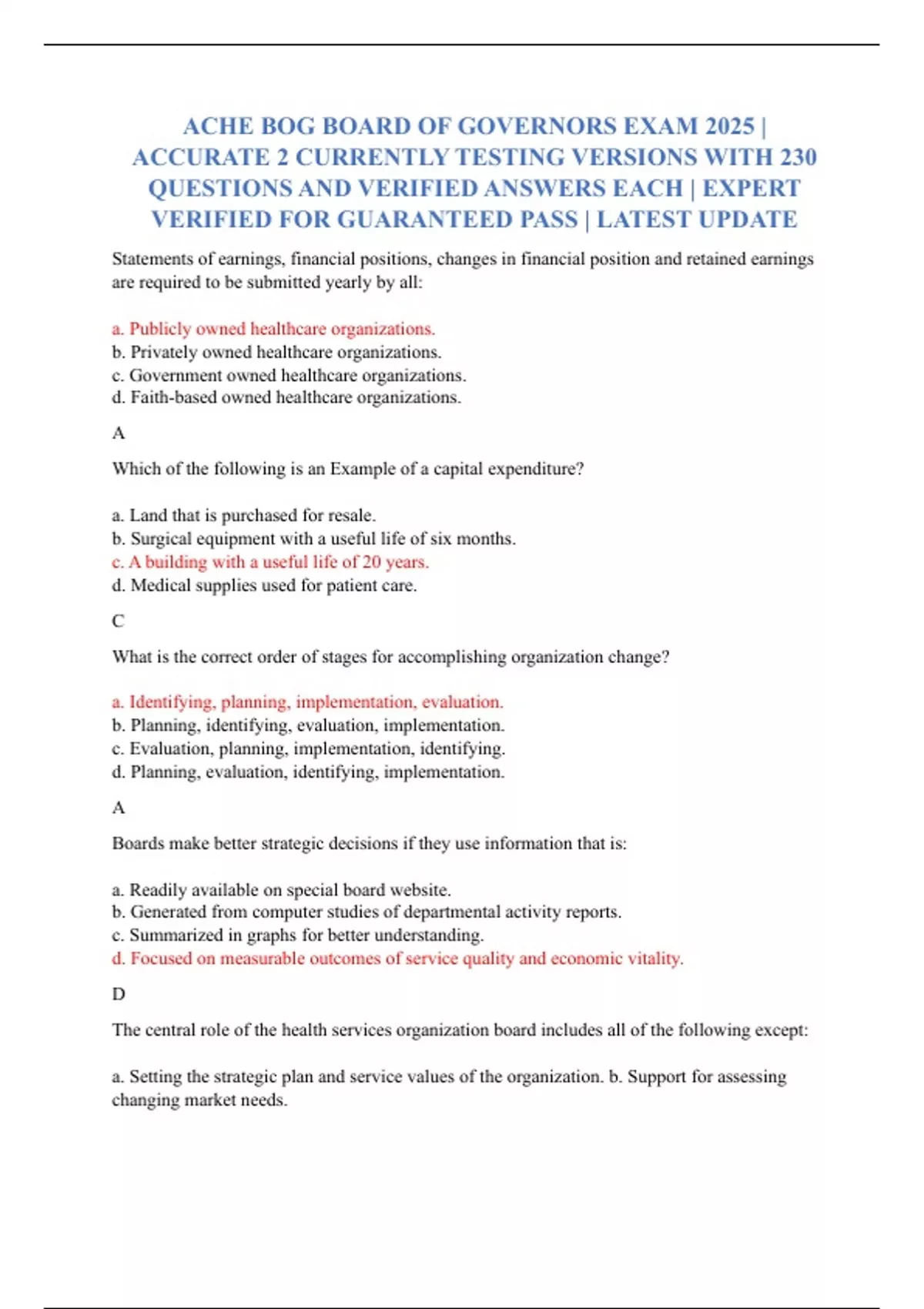ACHE BOG BOARD OF GOVERNORS EXAM 2025 | ACCURATE 2 CURRENTLY TESTING VERSIONS WITH 230 QUESTIONS ...