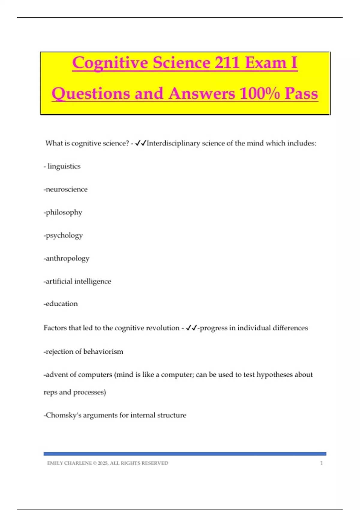 Cognitive Science 211 Exam I Questions and Answers 100% Pass ...