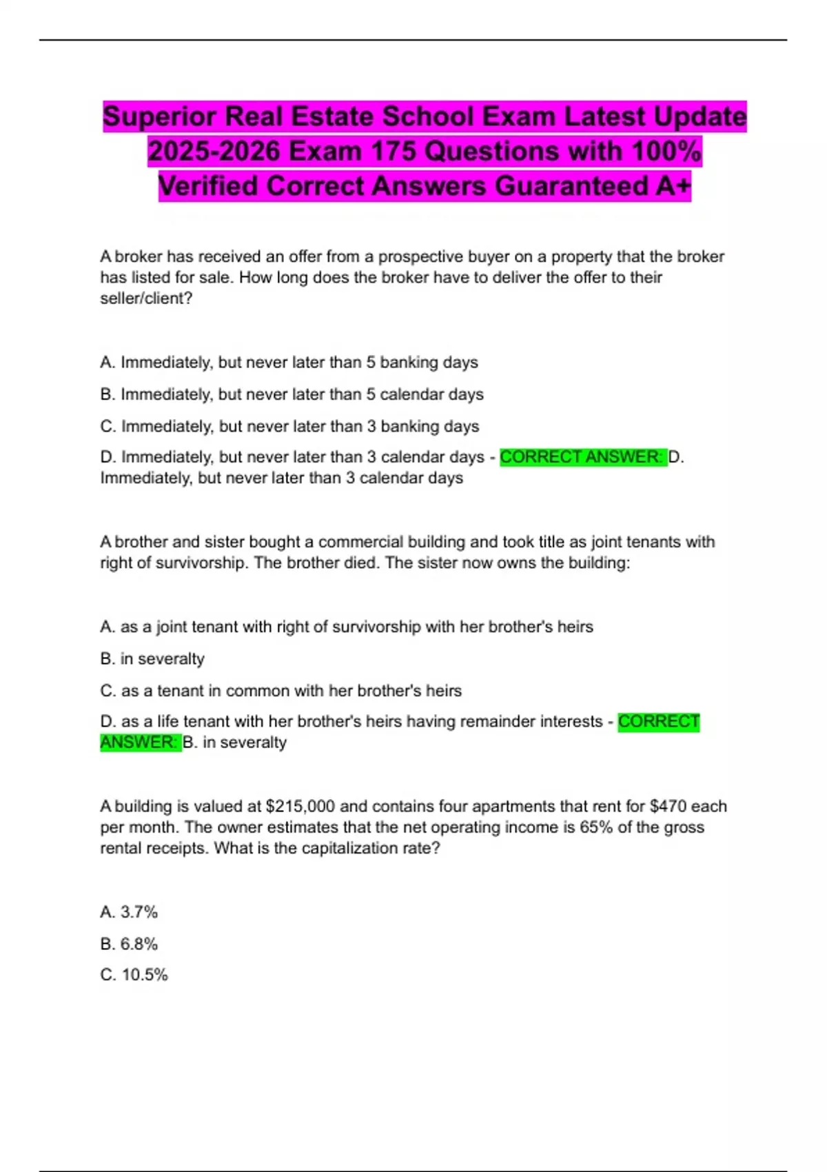 Superior Real Estate School Exam Latest Update Exam 175 Questions with ...