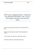 BTEC Level 2 Applied Science - Examined Unit BIOLOGY REVISION -Cells&comma; Tissues And Organs Questions And Answers 2025