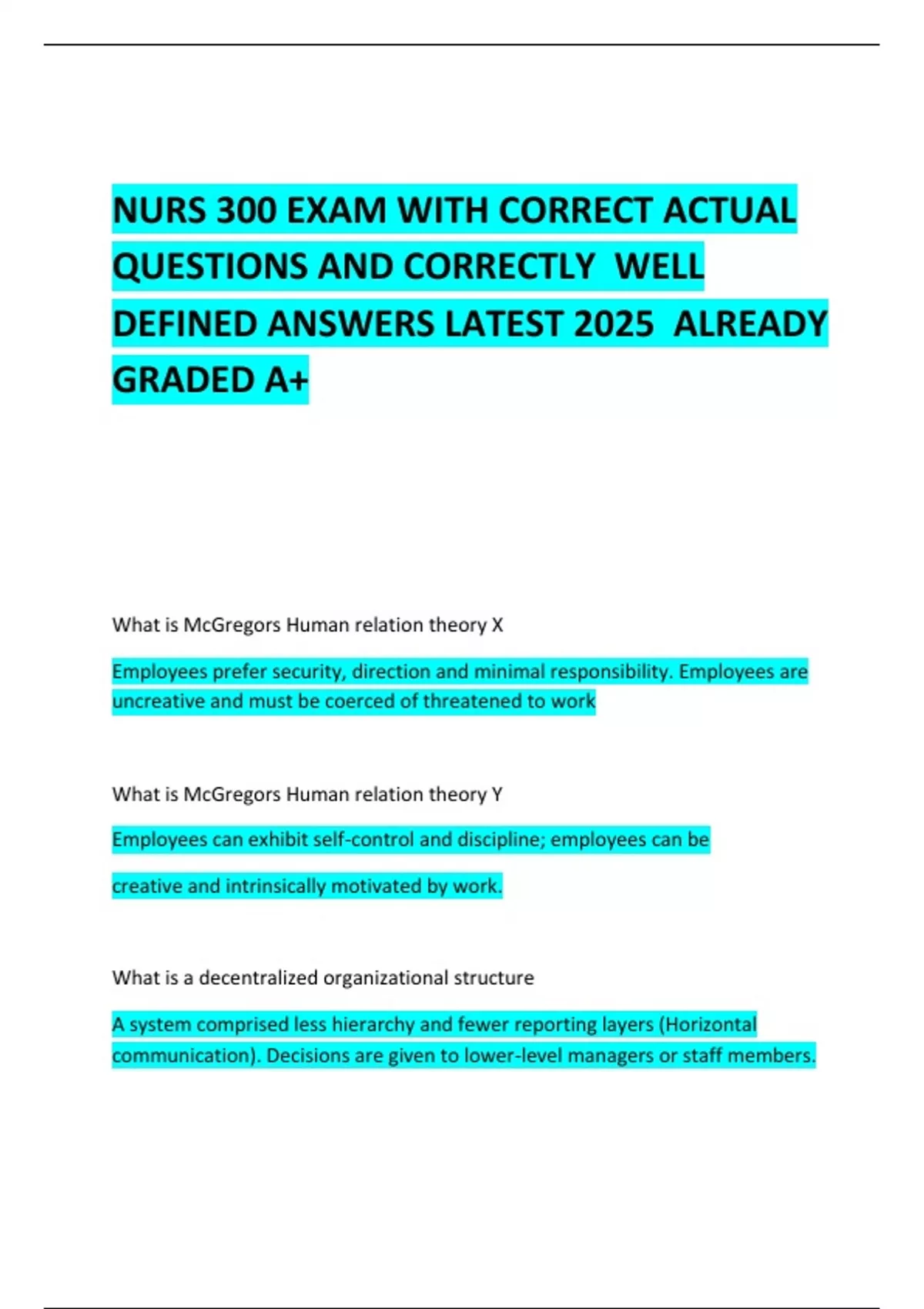 NURS 300 EXAM WITH CORRECT ACTUAL QUESTIONS AND CORRECTLY WELL DEFINED ...