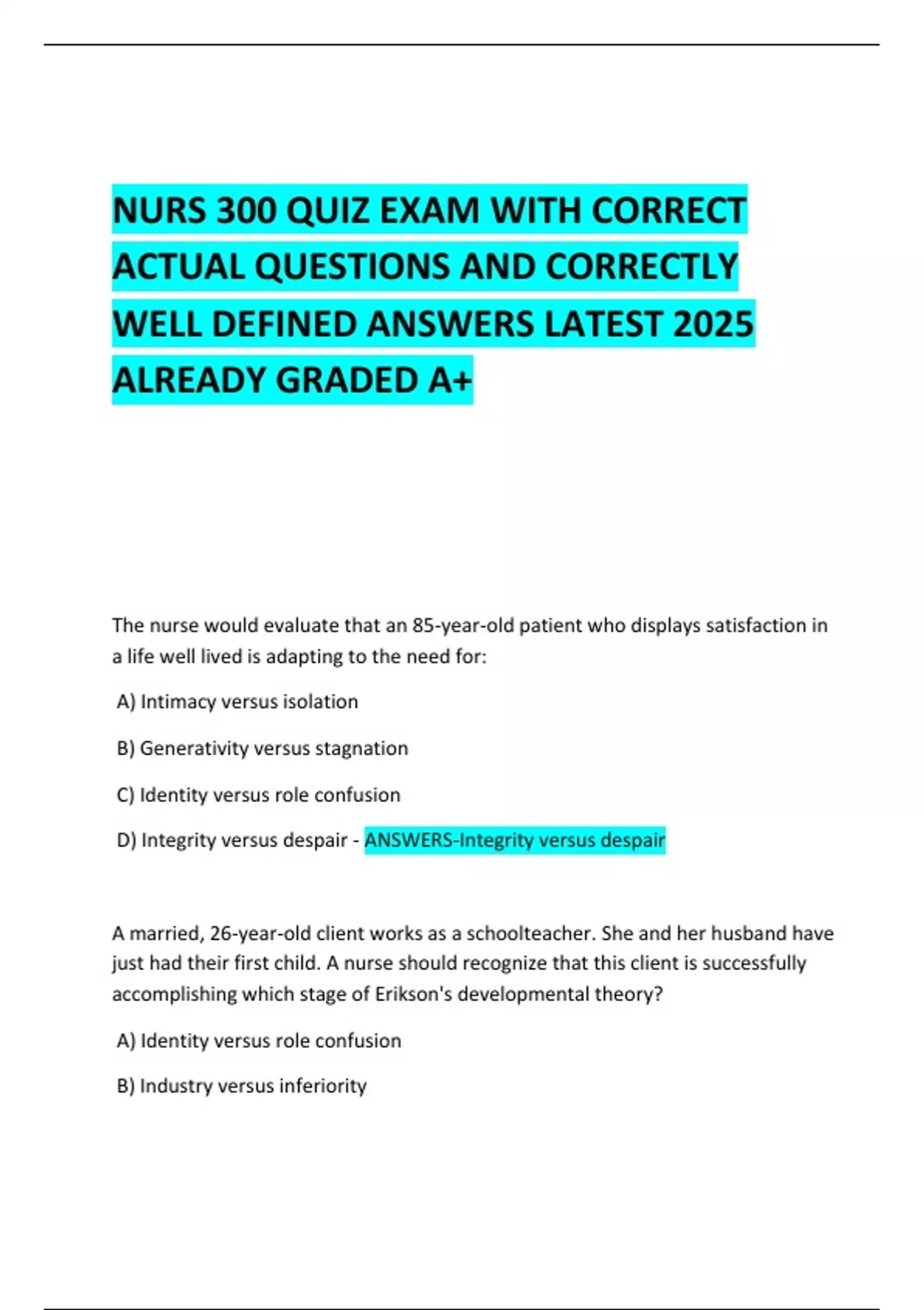 NURS 300 QUIZ EXAM WITH CORRECT ACTUAL QUESTIONS AND CORRECTLY WELL ...