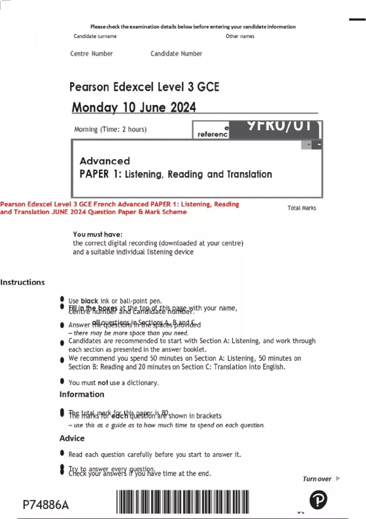 Pearson Edexcel Level 3 GCE French Advanced PAPER 1: Listening, Reading ...