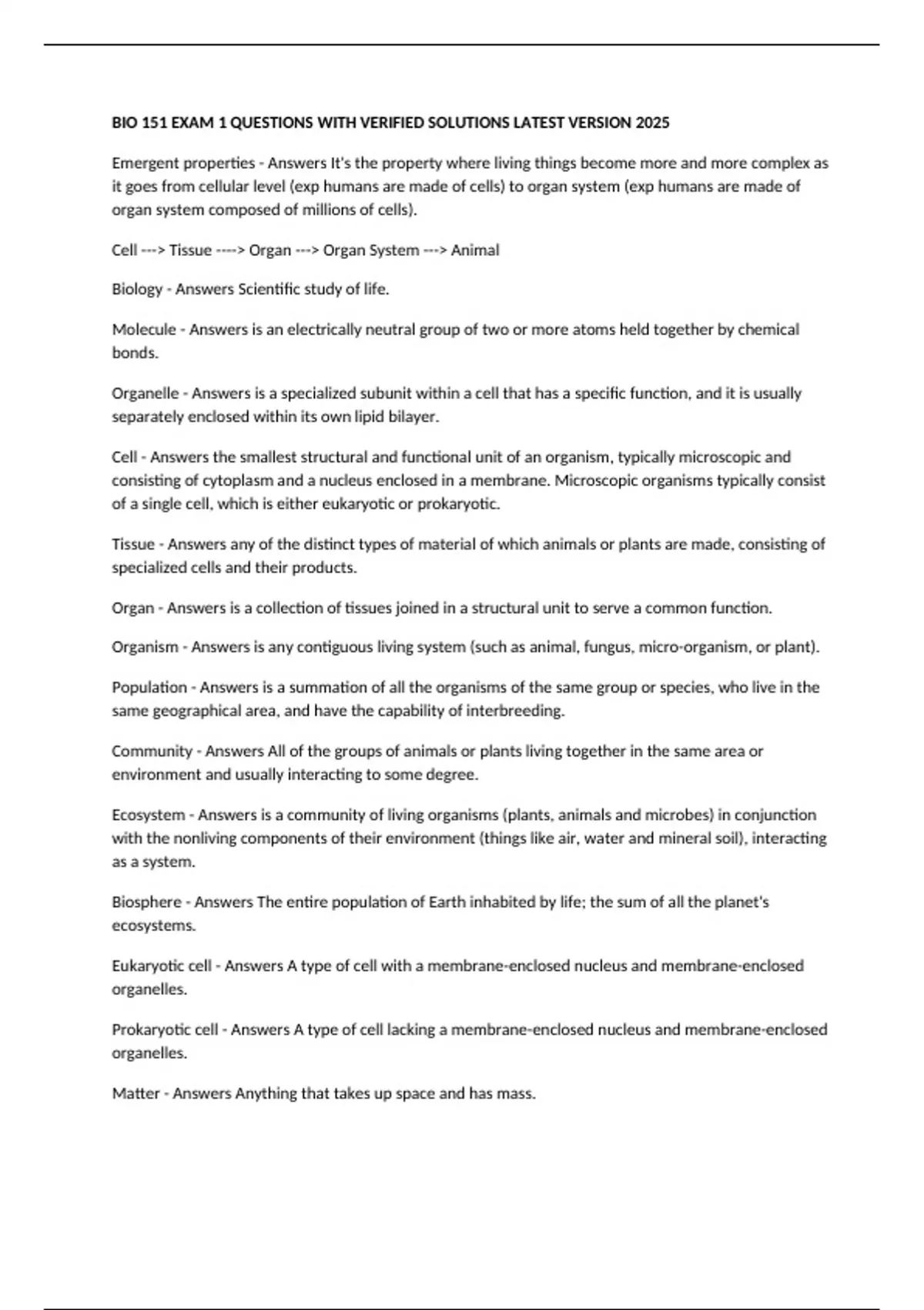 BIO 151 EXAM 1 QUESTIONS WITH VERIFIED SOLUTIONS LATEST VERSION 2025 ...