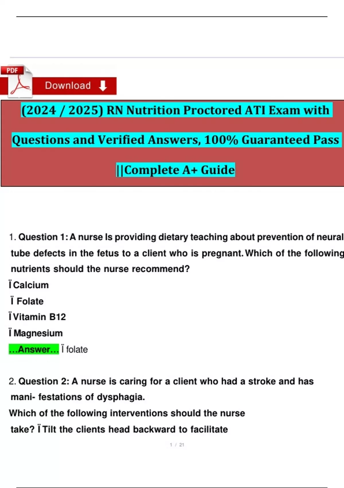 (2024 / 2025) RN Nutrition Proctored ATI Exam with Questions and ...