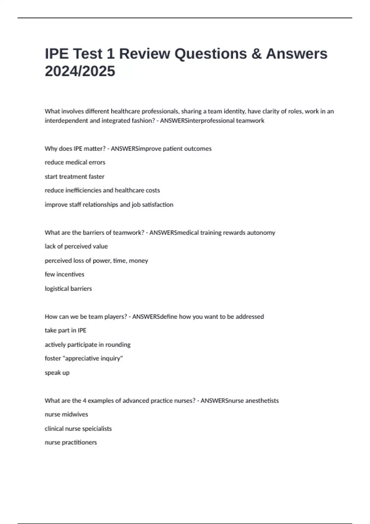IPE Test 1 Review Questions & Answers 2024/2025 - IPE - Stuvia US