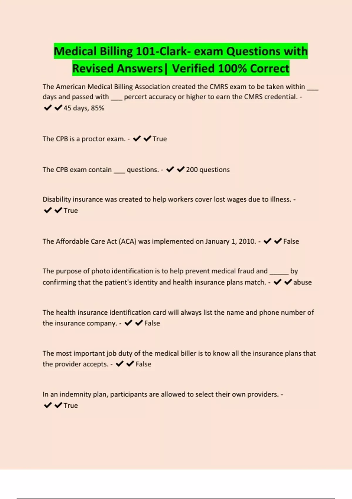 Medical Billing 101-Clark- exam Questions with Revised Answers ...