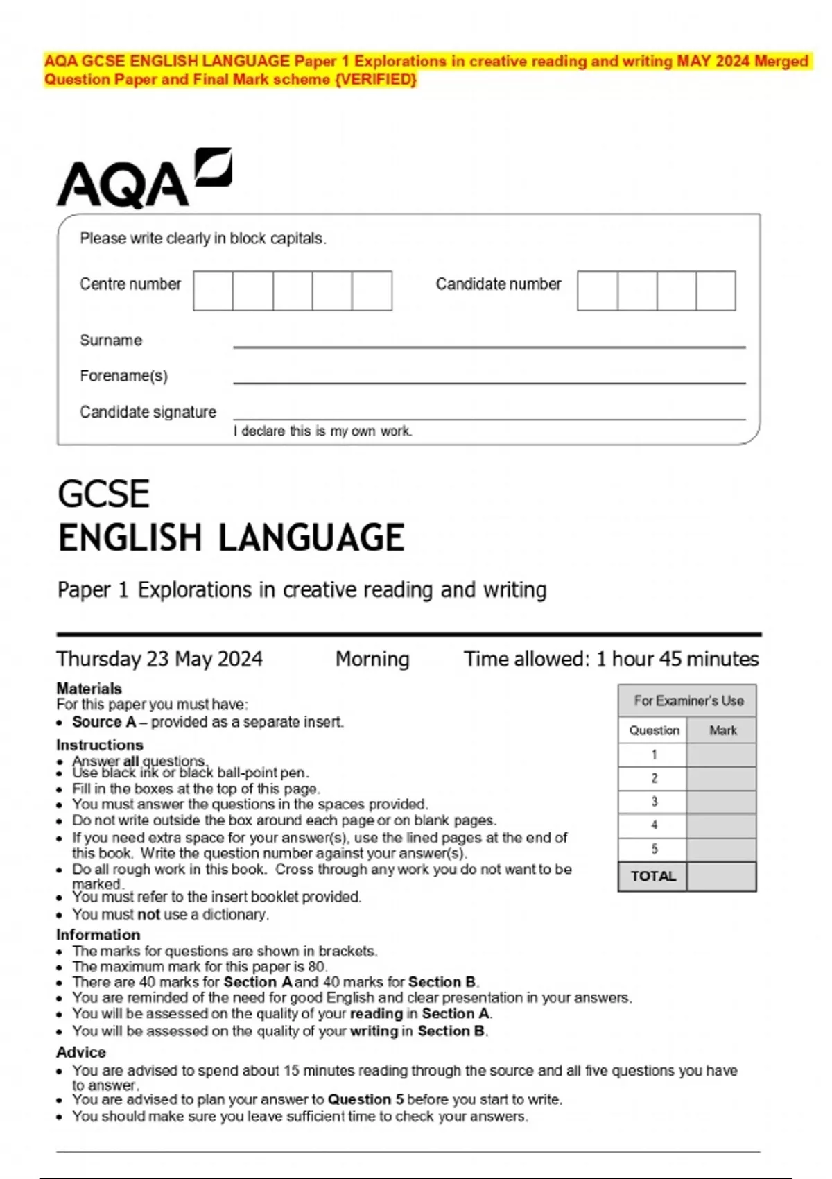 AQA GCSE ENGLISH LANGUAGE Paper 1 Explorations in creative reading and ...