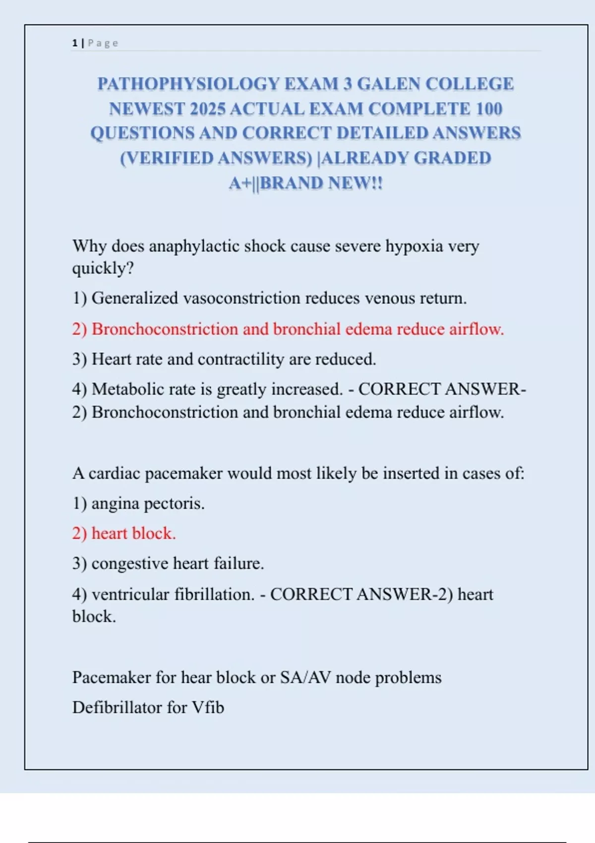 PATHOPHYSIOLOGY EXAM 3 GALEN COLLEGE NEWEST 2025 ACTUAL EXAM COMPLETE ...