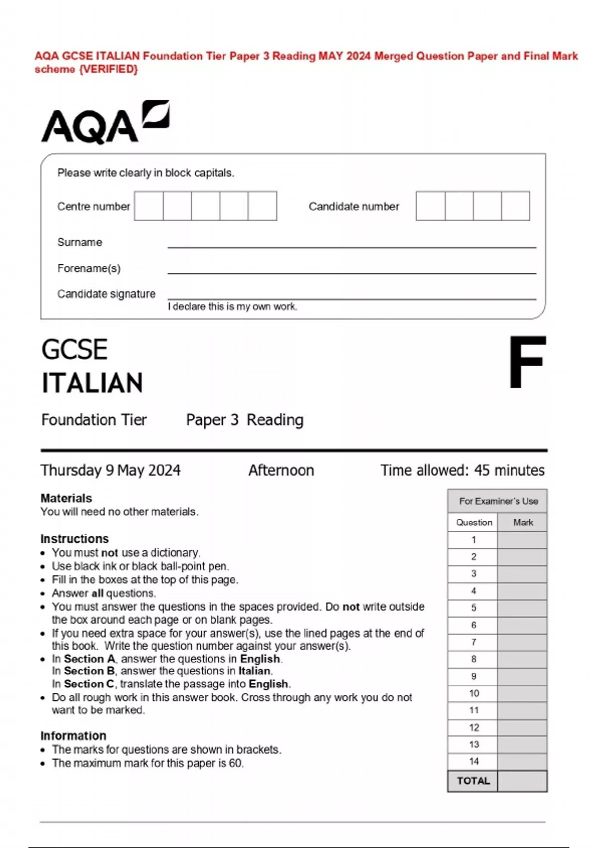 AQA GCSE ITALIAN Foundation Tier Paper 3 Reading MAY 2024 Merged ...