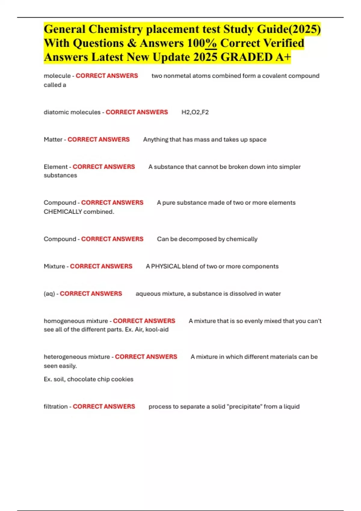 General Chemistry placement test Study Guide(2025) With Questions &amp; Answers 100% Correct ...