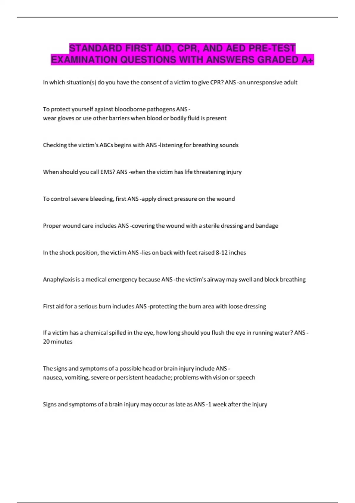 STANDARD FIRST AID, CPR, AND AED PRE-TEST EXAMINATION QUESTIONS WITH ...