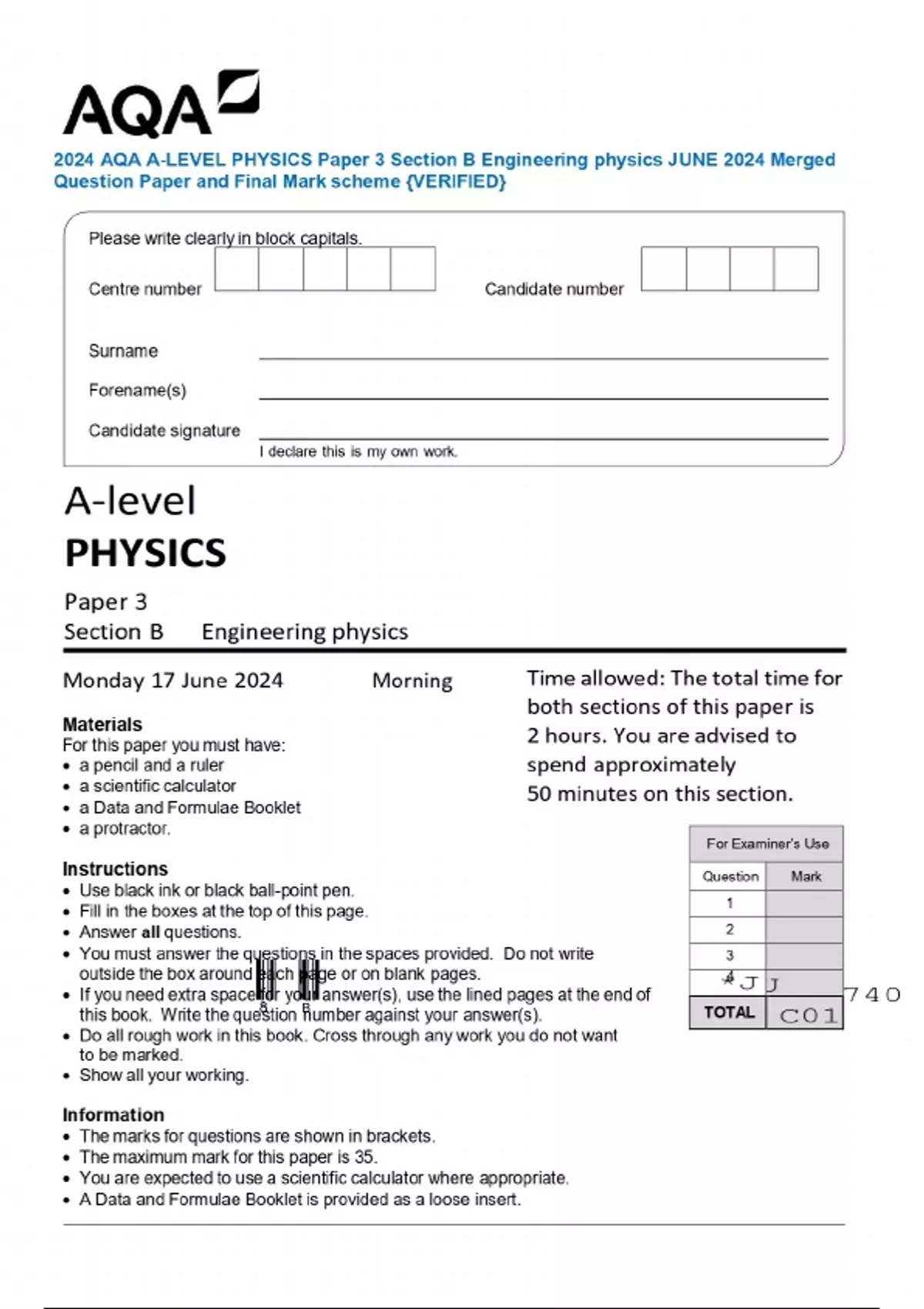 2024 AQA A-LEVEL PHYSICS Paper 3 Section B Engineering physics JUNE ...