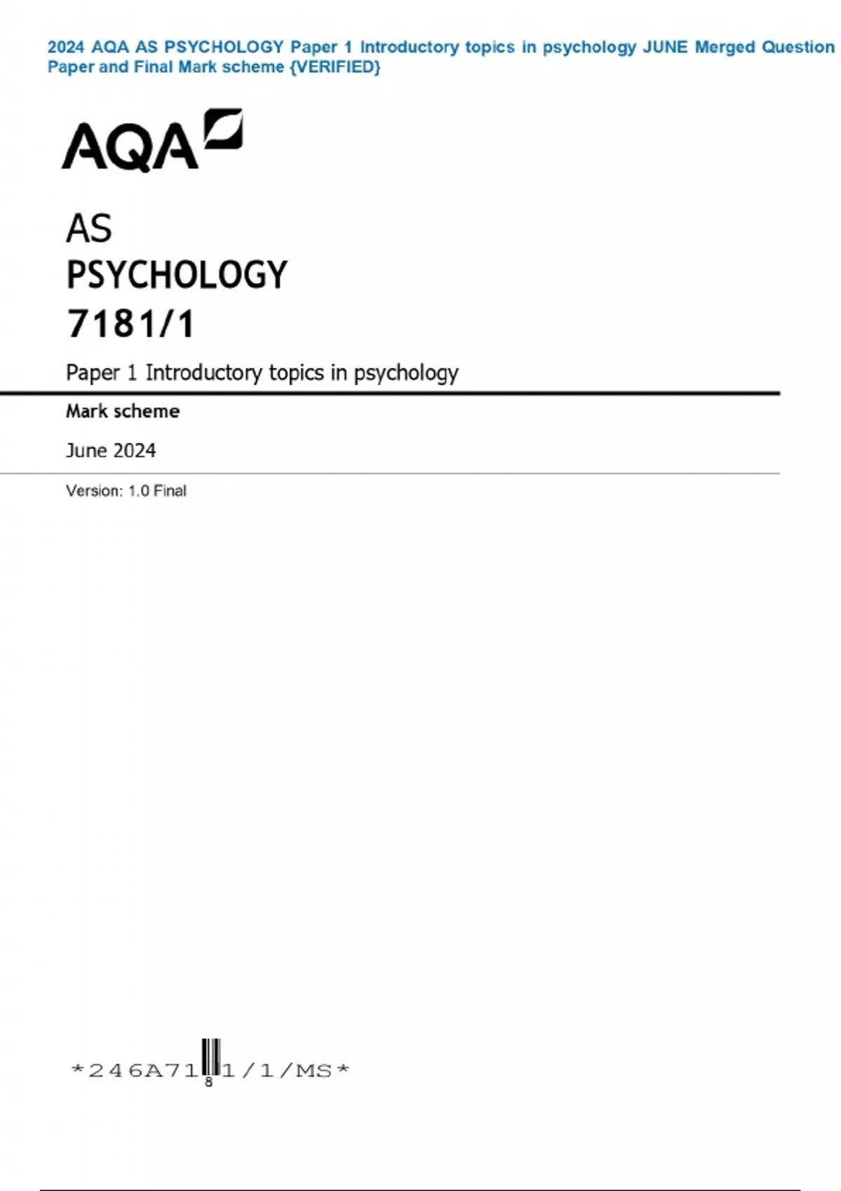 2024 AQA AS PSYCHOLOGY Paper 1 Introductory topics in psychology JUNE ...