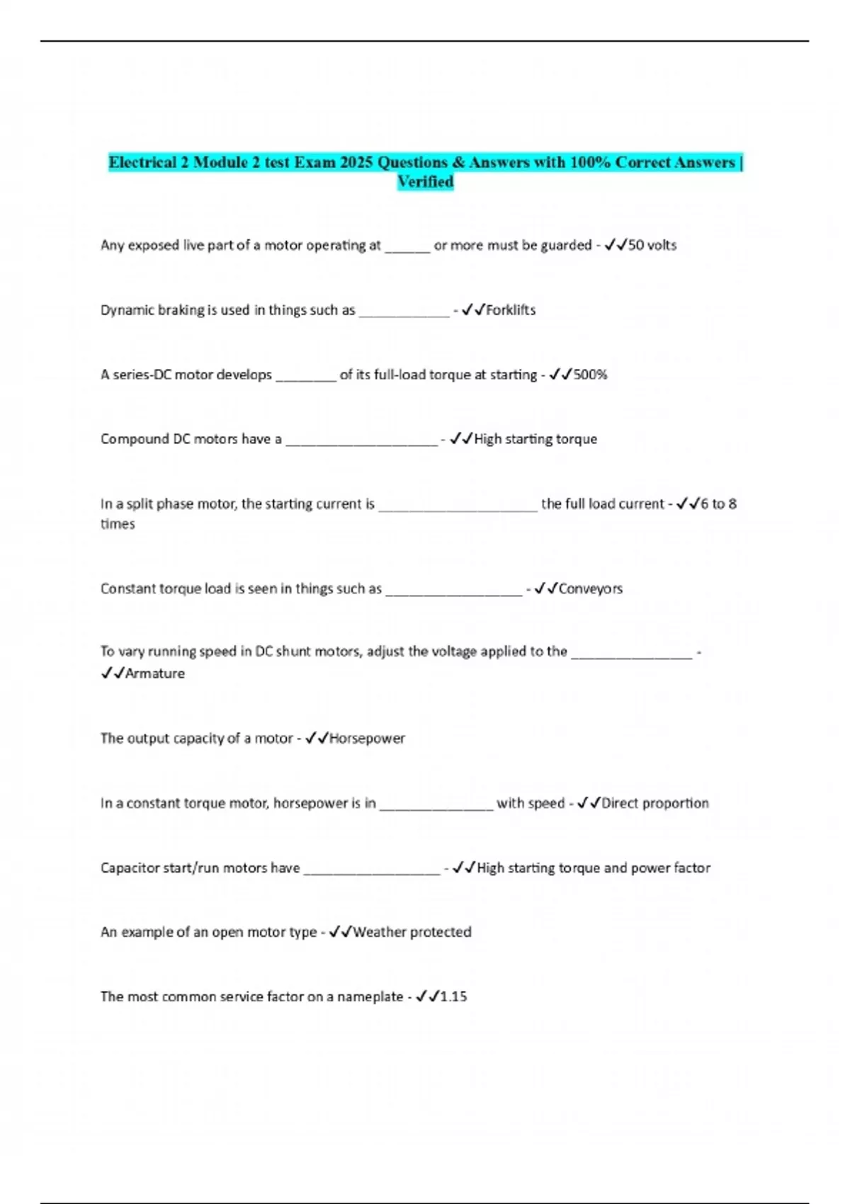 Electrical 2 Module 2 test Exam 2025 Questions & Answers with 100% ...