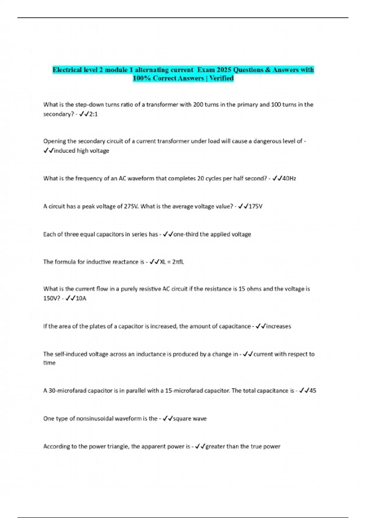 Electrical level 2 module 1 alternating current Exam 2025 Questions ...
