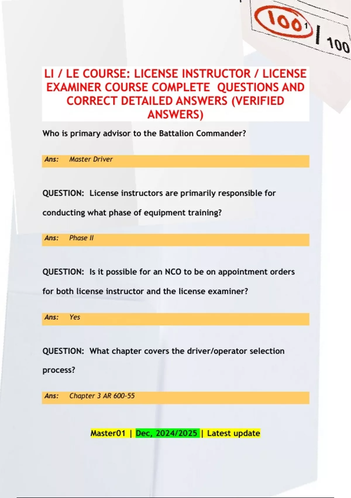 LI / LE COURSE: LICENSE INSTRUCTOR / LICENSE EXAMINER COURSE COMPLETE