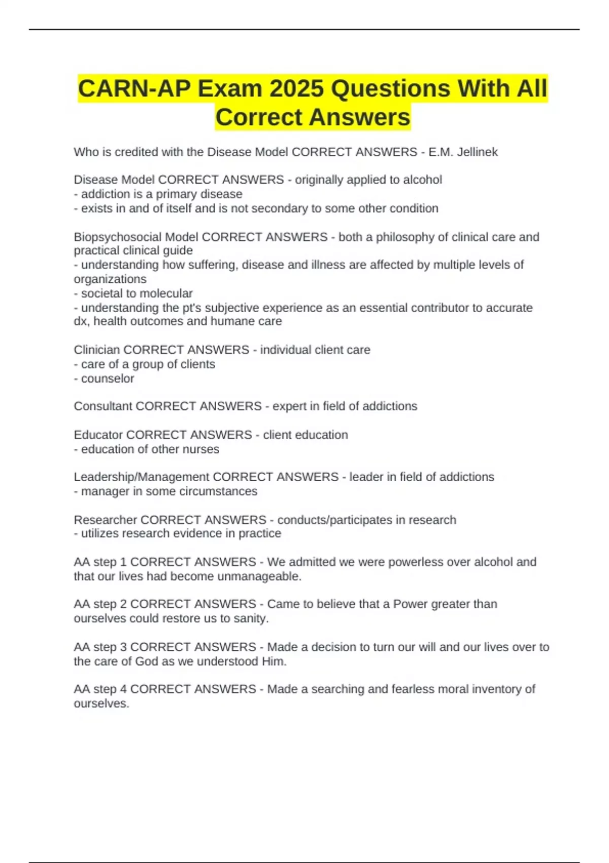 CARN-AP Exam 2025 Questions With All Correct Answers - Carn - Stuvia US
