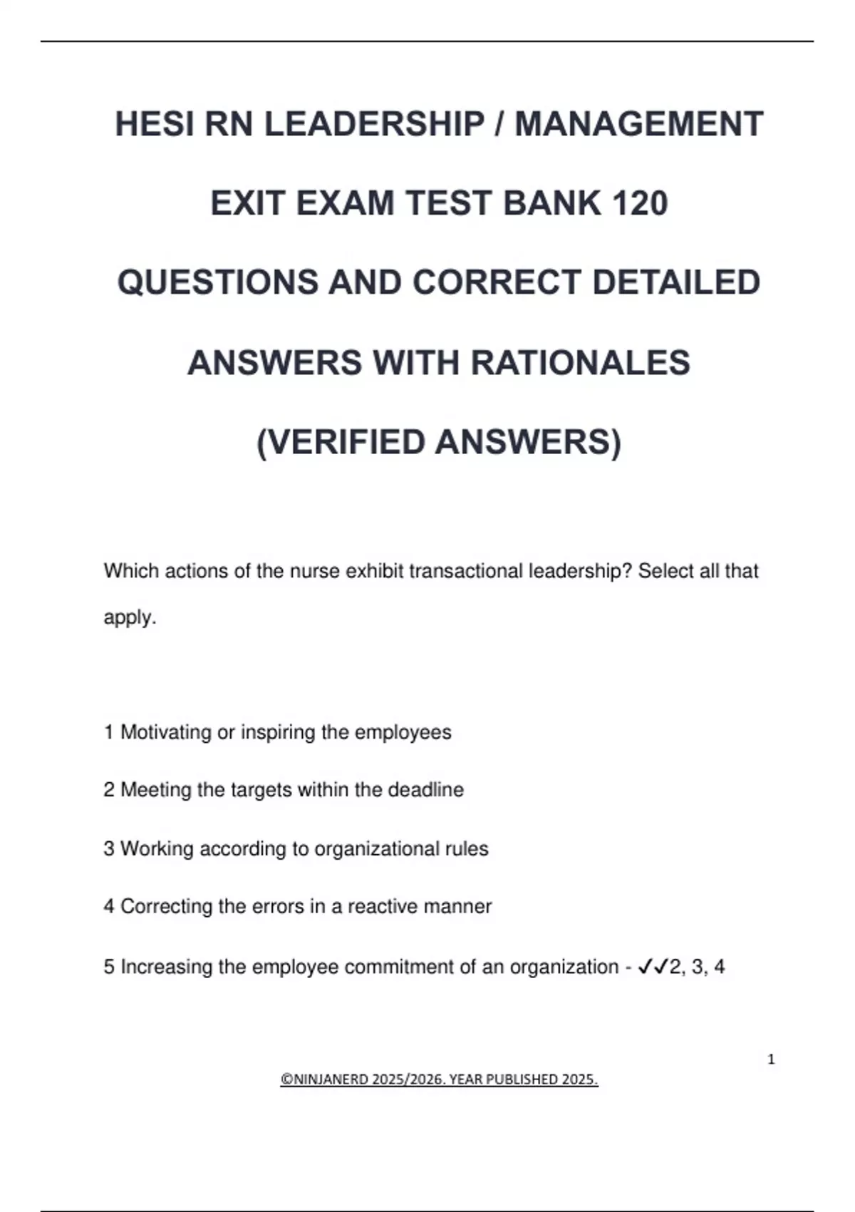 HESI RN LEADERSHIP / MANAGEMENT EXIT EXAM TEST BANK 120 QUESTIONS AND ...