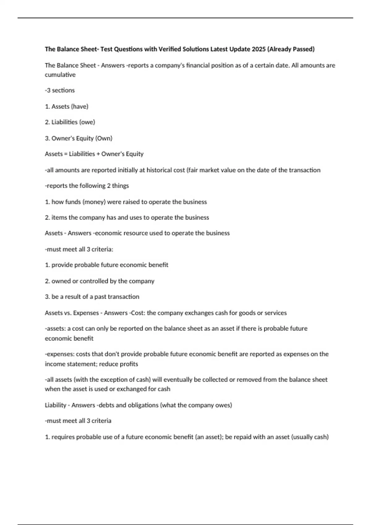 The Balance Sheet- Test Questions with Verified Solutions Latest Update ...