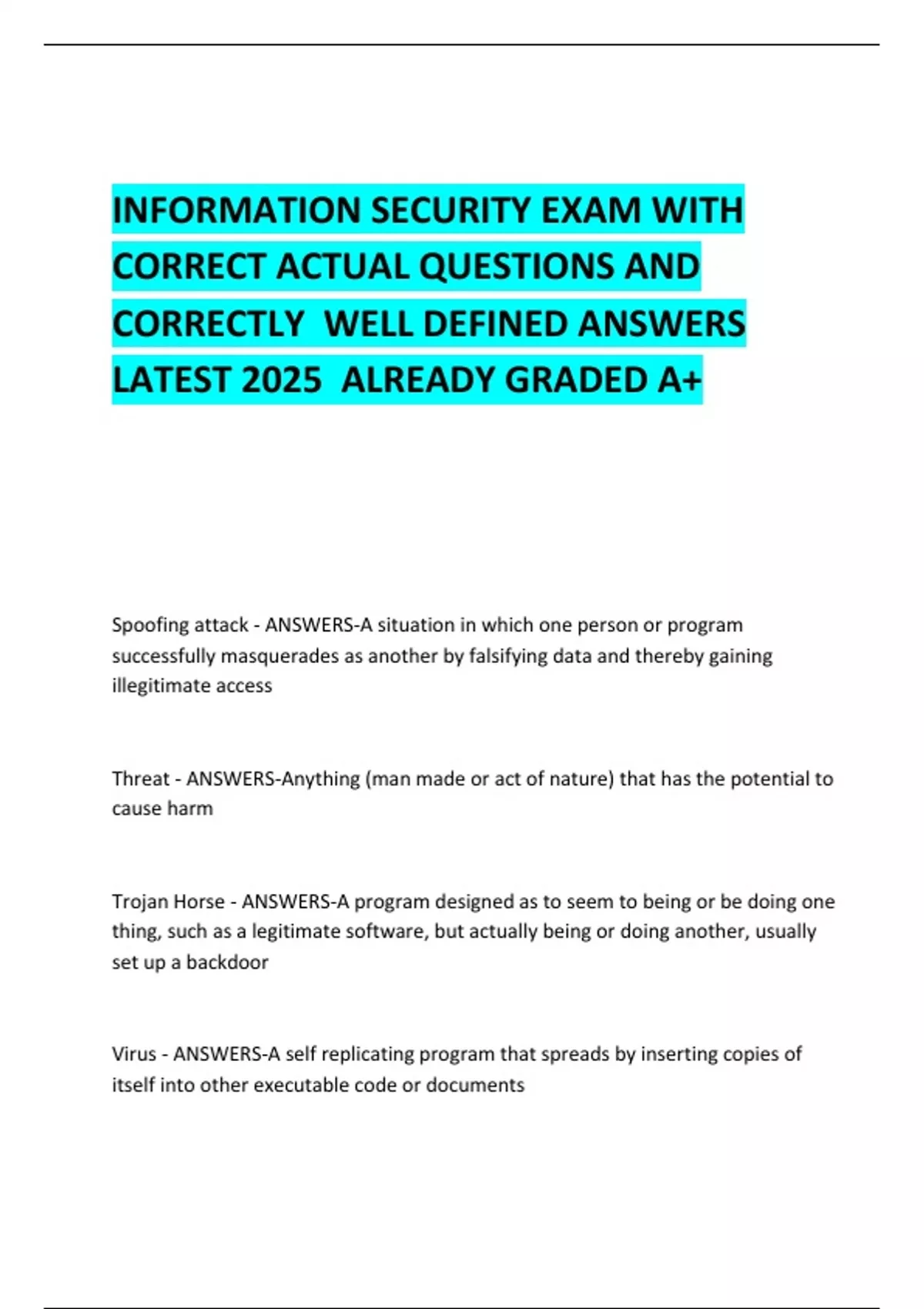 INFORMATION SECURITY EXAM WITH CORRECT ACTUAL QUESTIONS AND CORRECTLY ...