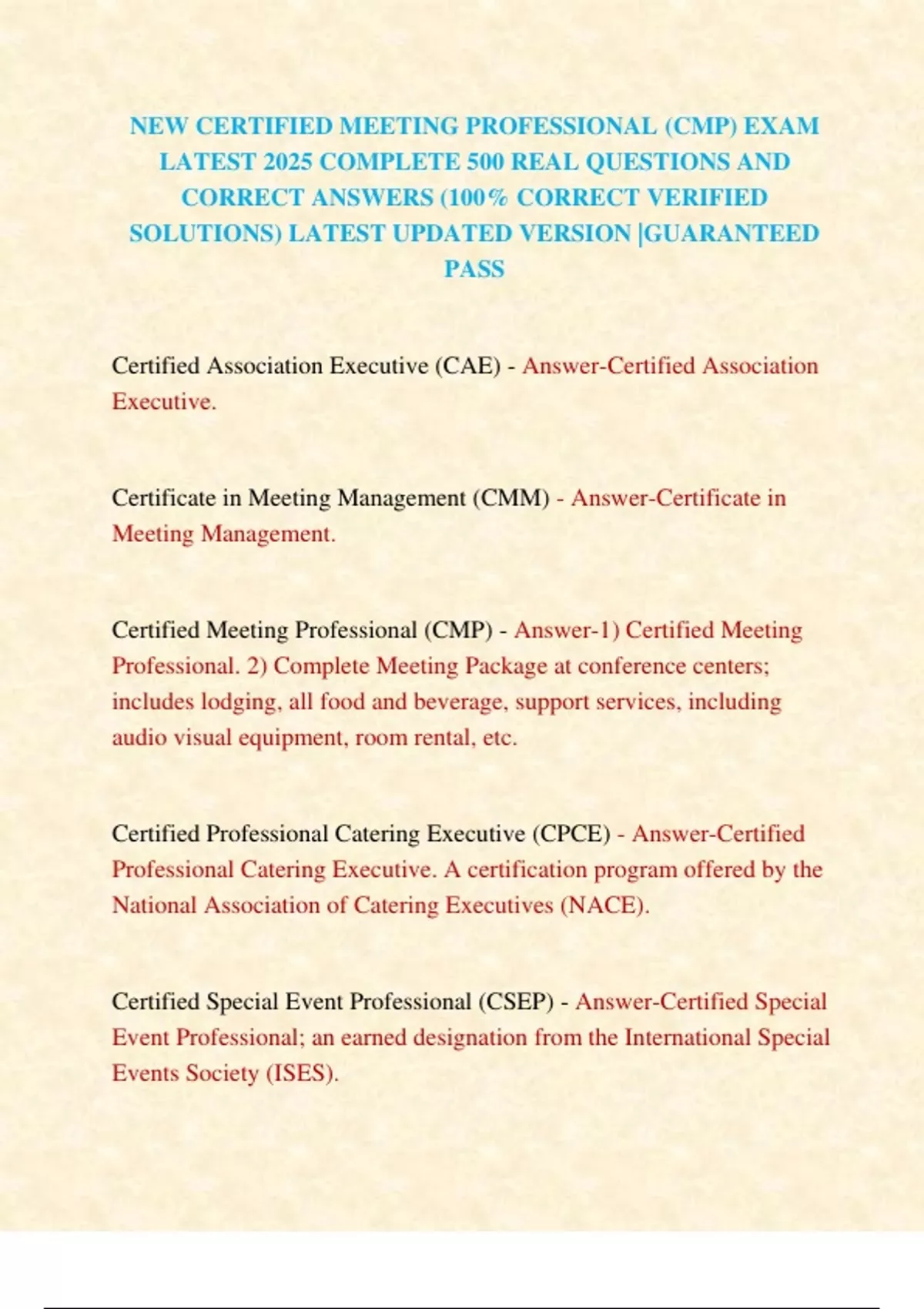 NEW CERTIFIED MEETING PROFESSIONAL (CMP) EXAM LATEST 2025 COMPLETE 500 ...