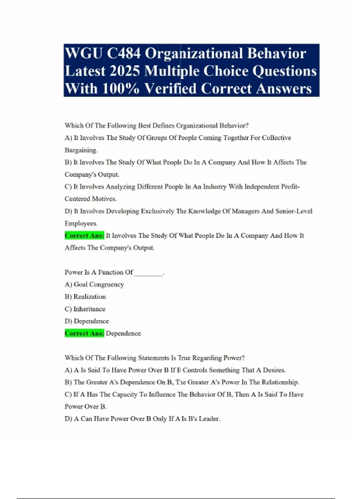 WGU C484 Organizational Behavior Latest 2025 Multiple Choice Questions With 100% Verified ...