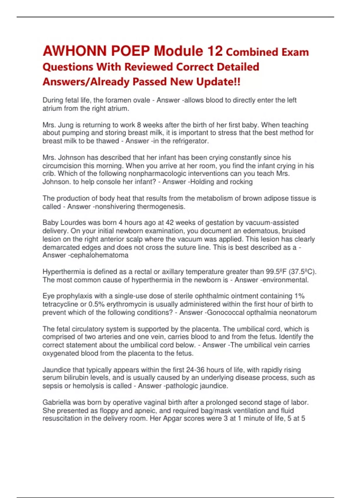 AWHONN POEP Module 12 Combined Exam Questions With Reviewed Correct ...