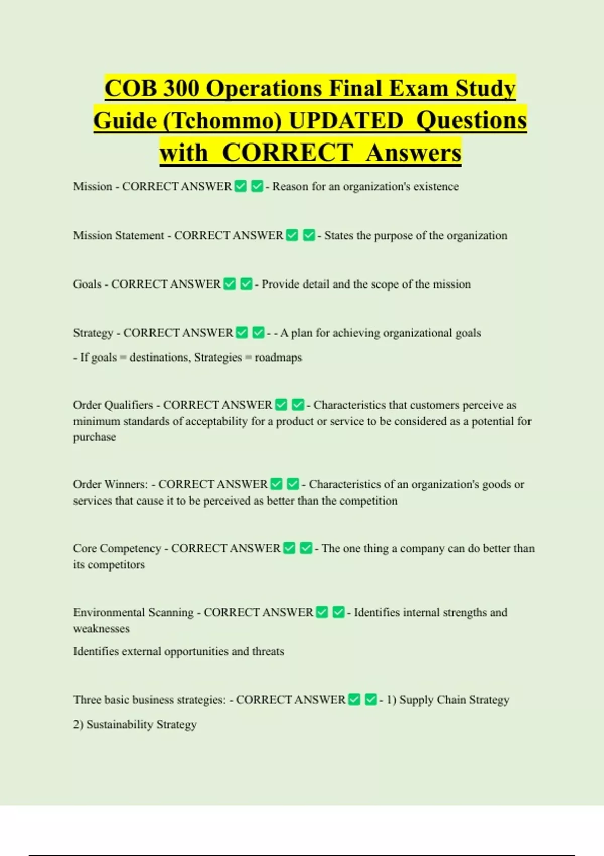 COB 300 Operations Final Exam Study Guide (Tchommo) UPDATED Questions ...