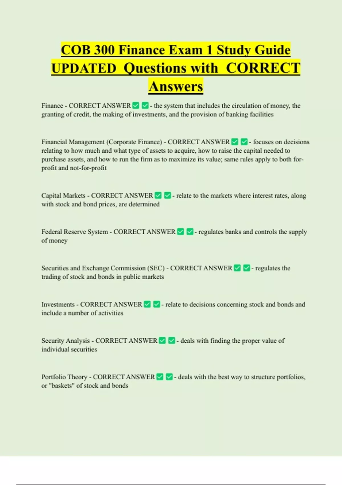 COB 300 Finance Exam 1 Study Guide UPDATED Questions with CORRECT ...