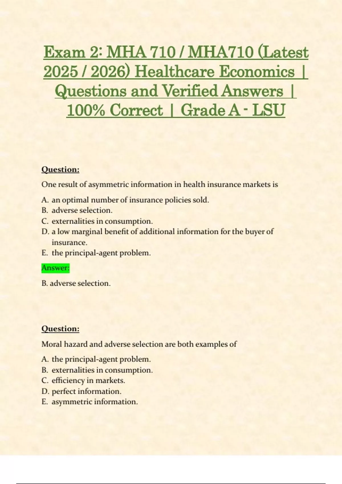 Exam 2: MHA 710 / MHA710 (Latest 2025 / 2026) Healthcare Economics ...
