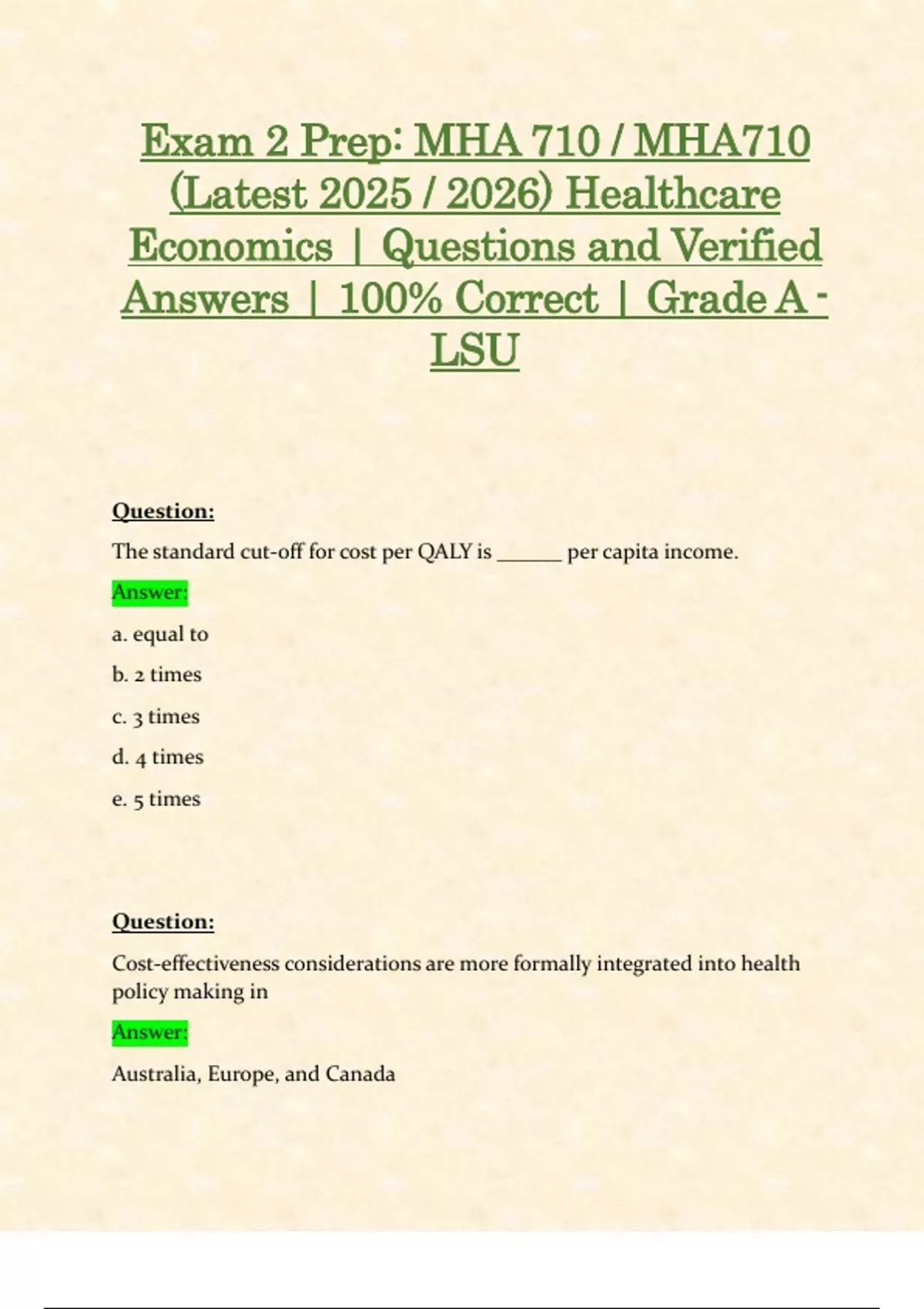 Exam 2 Prep: MHA 710 / MHA710 (Latest 2025 / 2026) Healthcare Economics ...