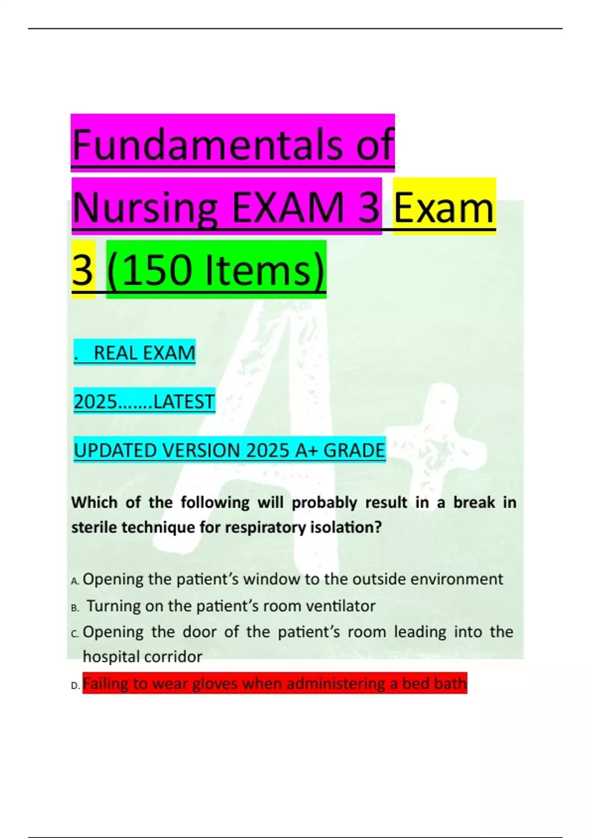 Fundamentals of Nursing EXAM 3 ALL QUESTIONS AND ANSWERS LATEST VERSION ...