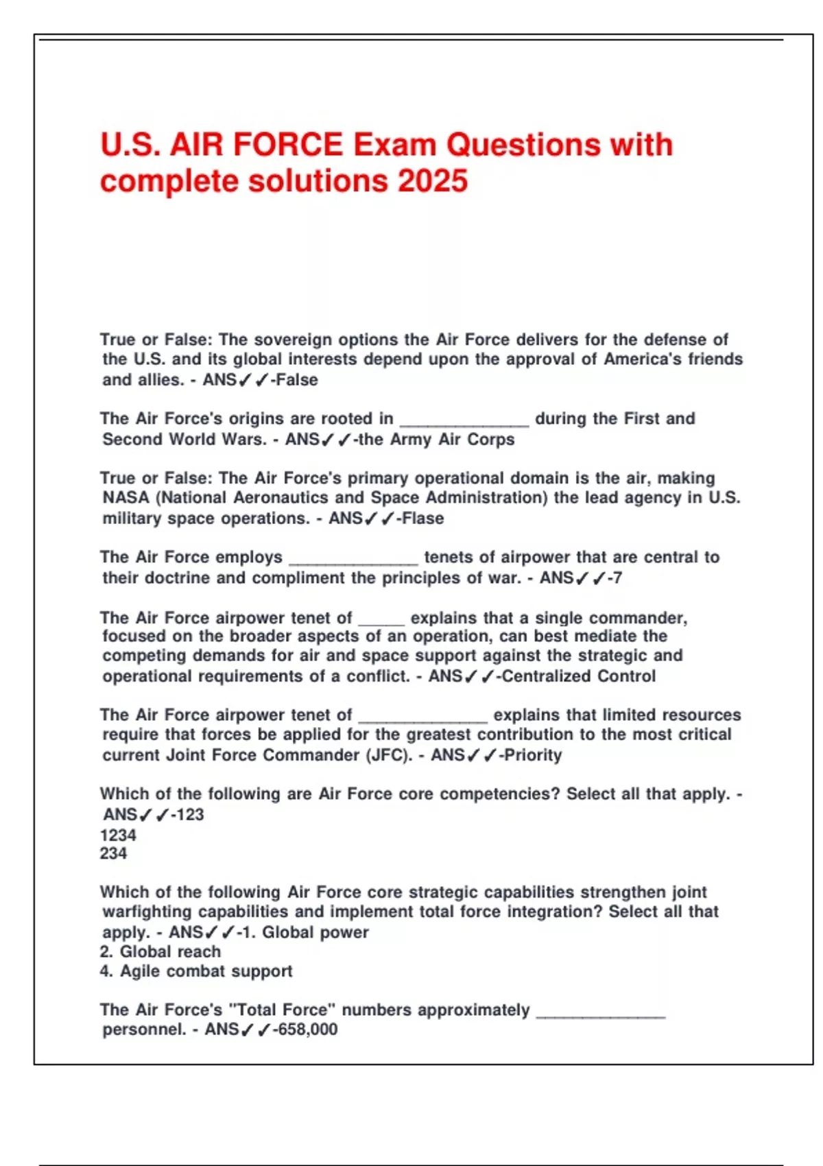 U.S. AIR FORCE Exam Questions with complete solutions 2025. - Air Force ...