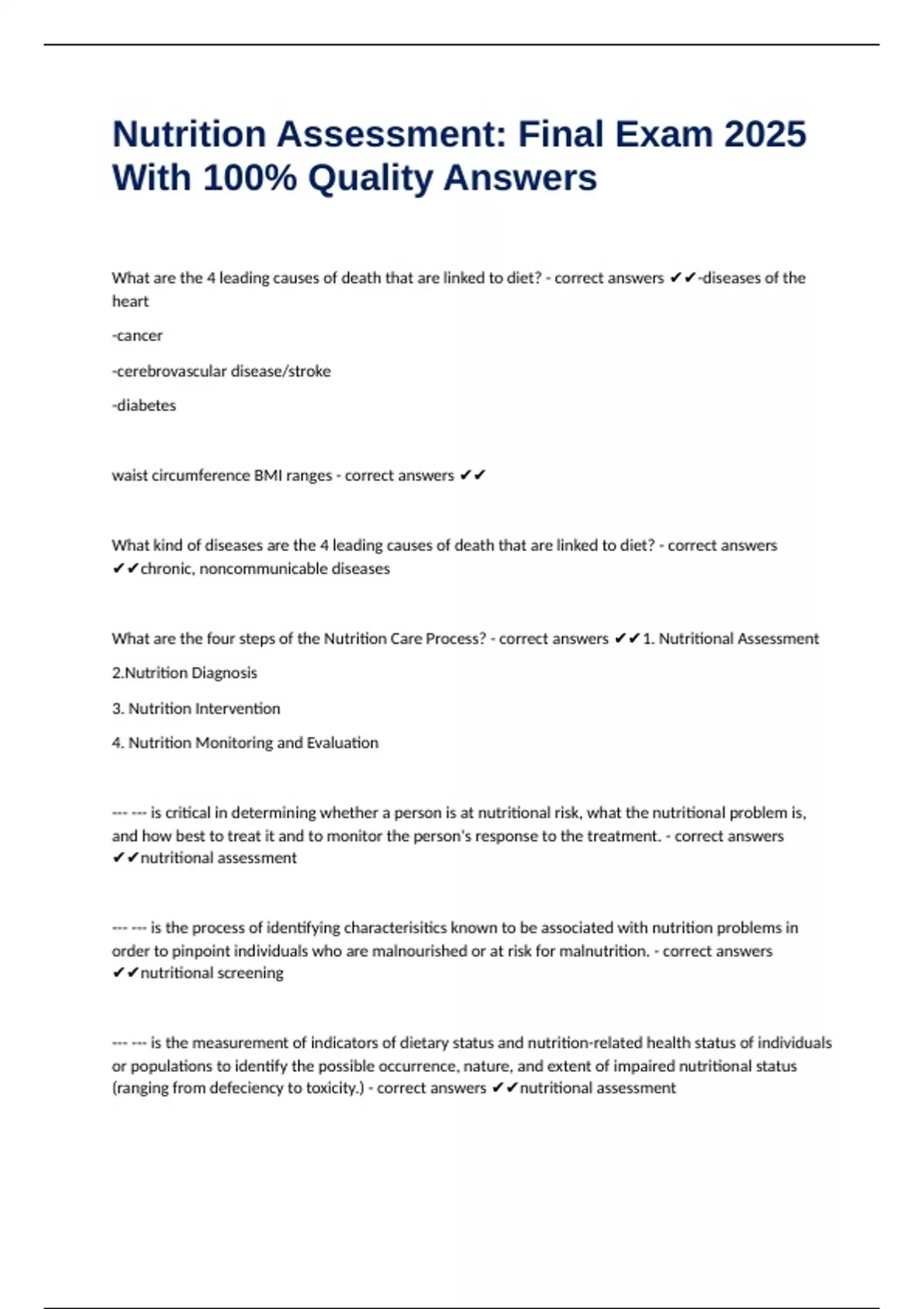Nutrition Assessment: Final Exam 2025 With 100% Quality Answers ...