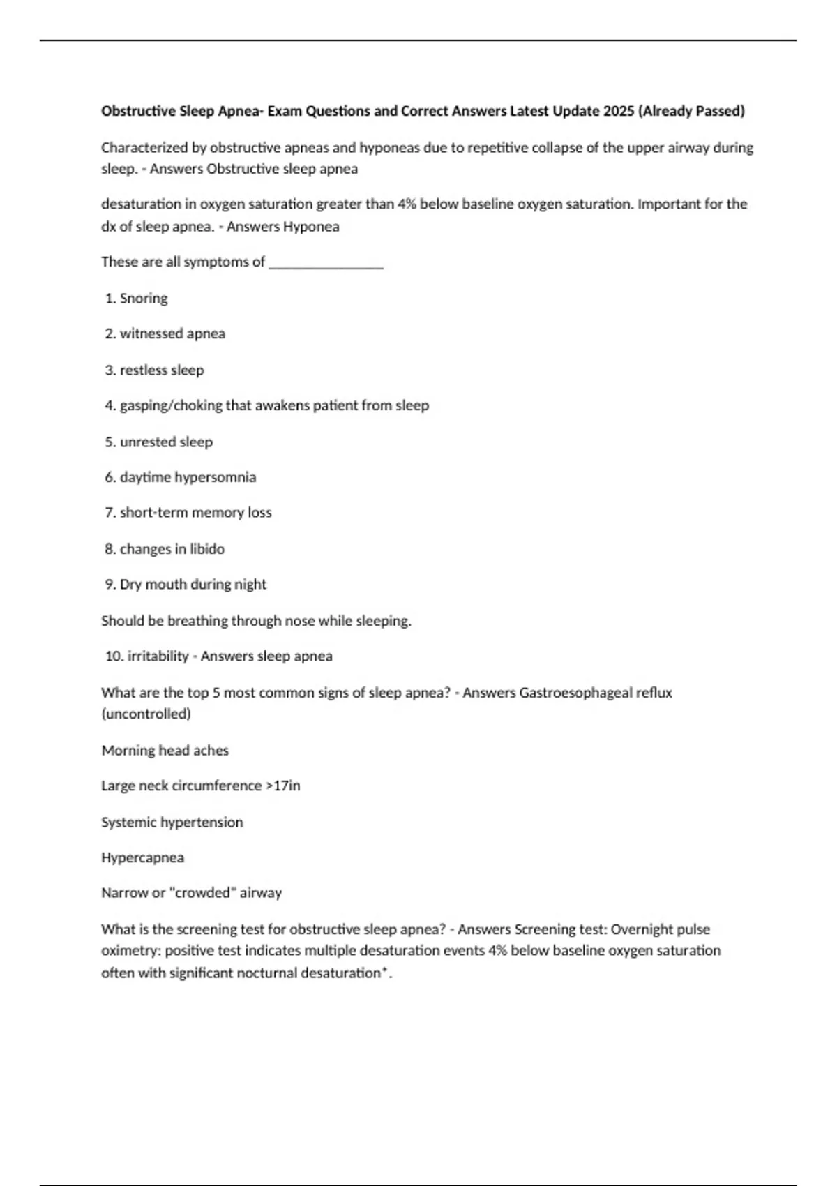 Obstructive Sleep Apnea- Exam Questions and Correct Answers Latest Update 2025 (Already Passed ...