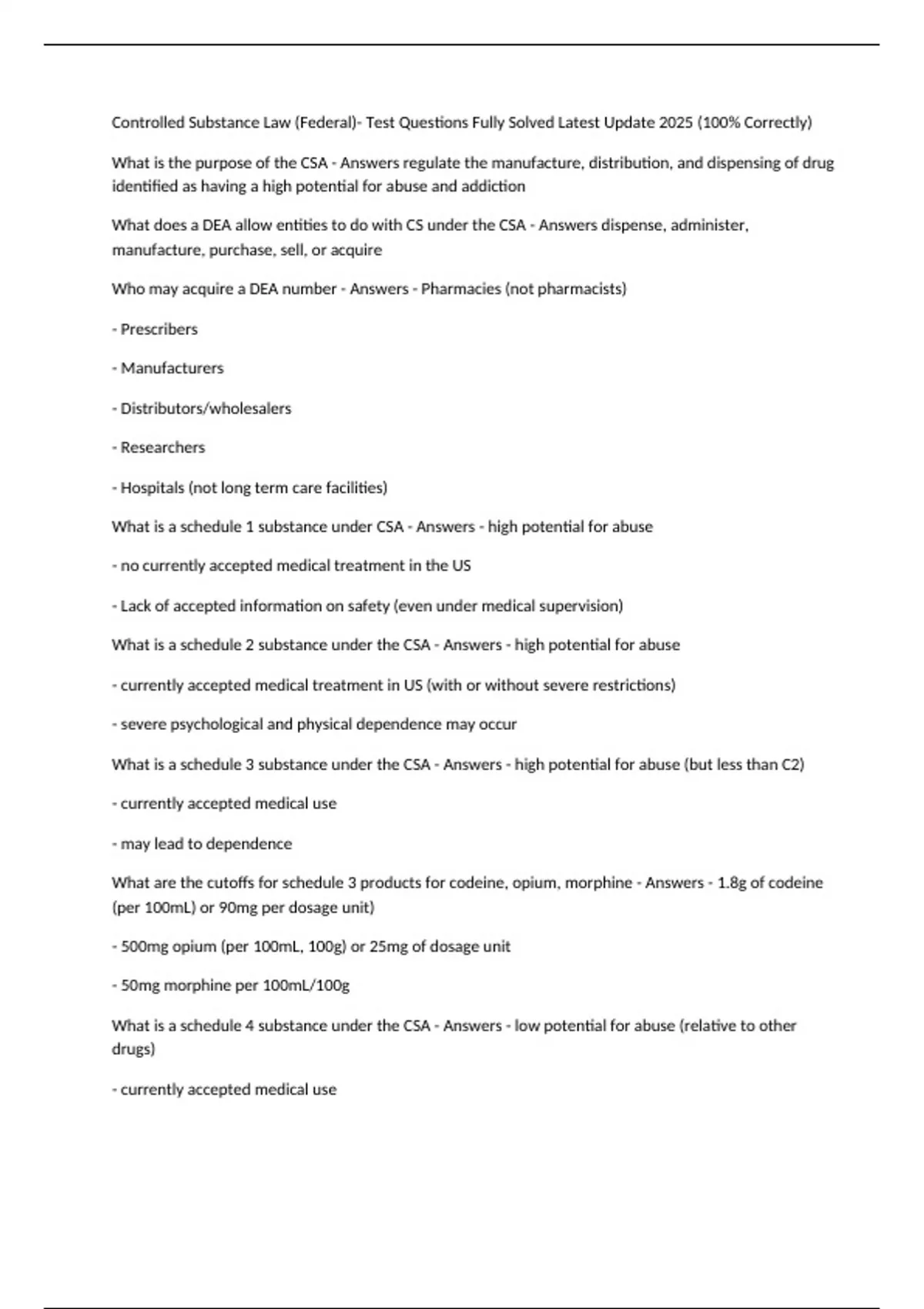 Controlled Substance Law (Federal)- Test Questions Fully Solved Latest ...