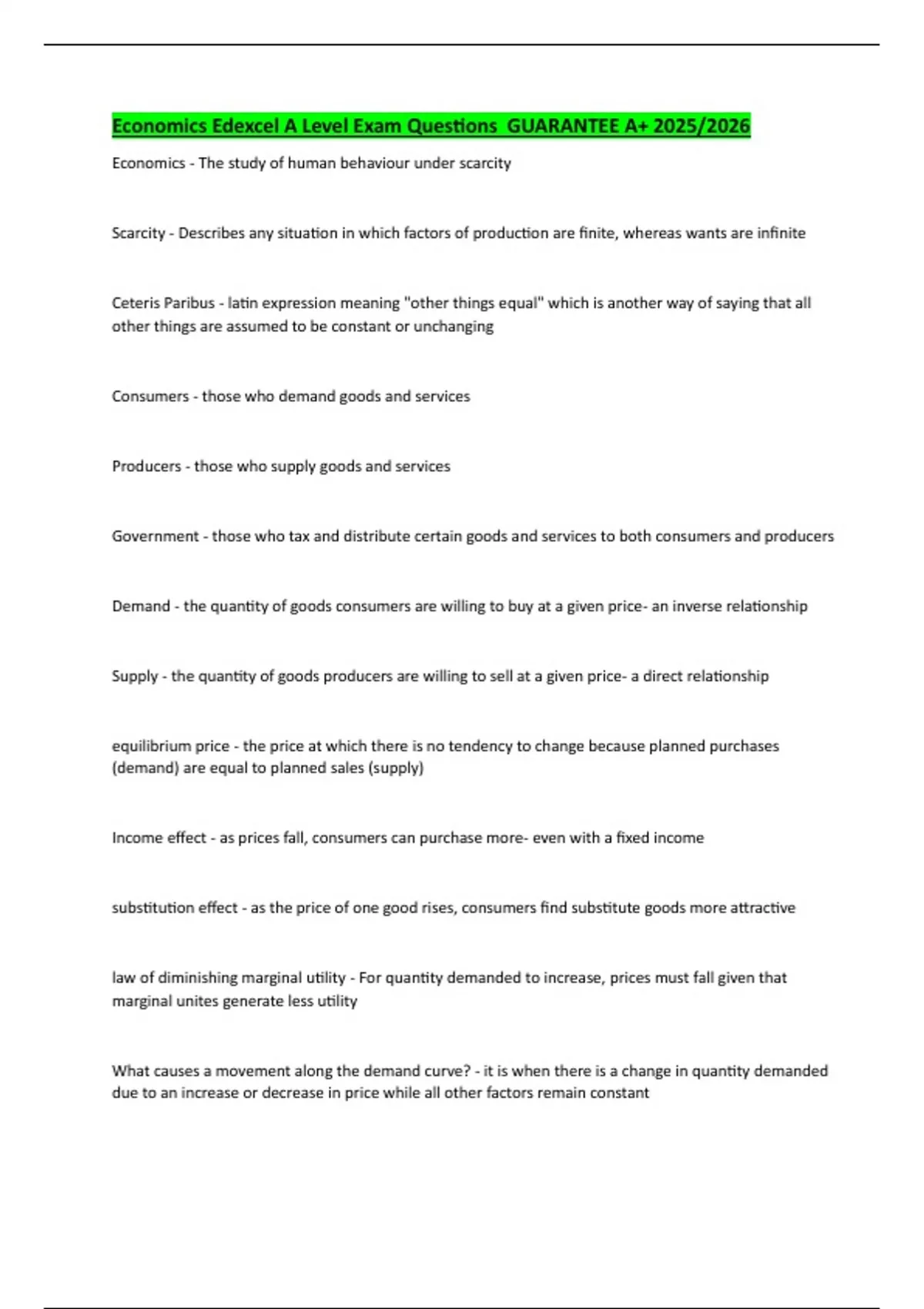 Economics Edexcel A Level Exam Questions GUARANTEE A+ 2025/2026 ...