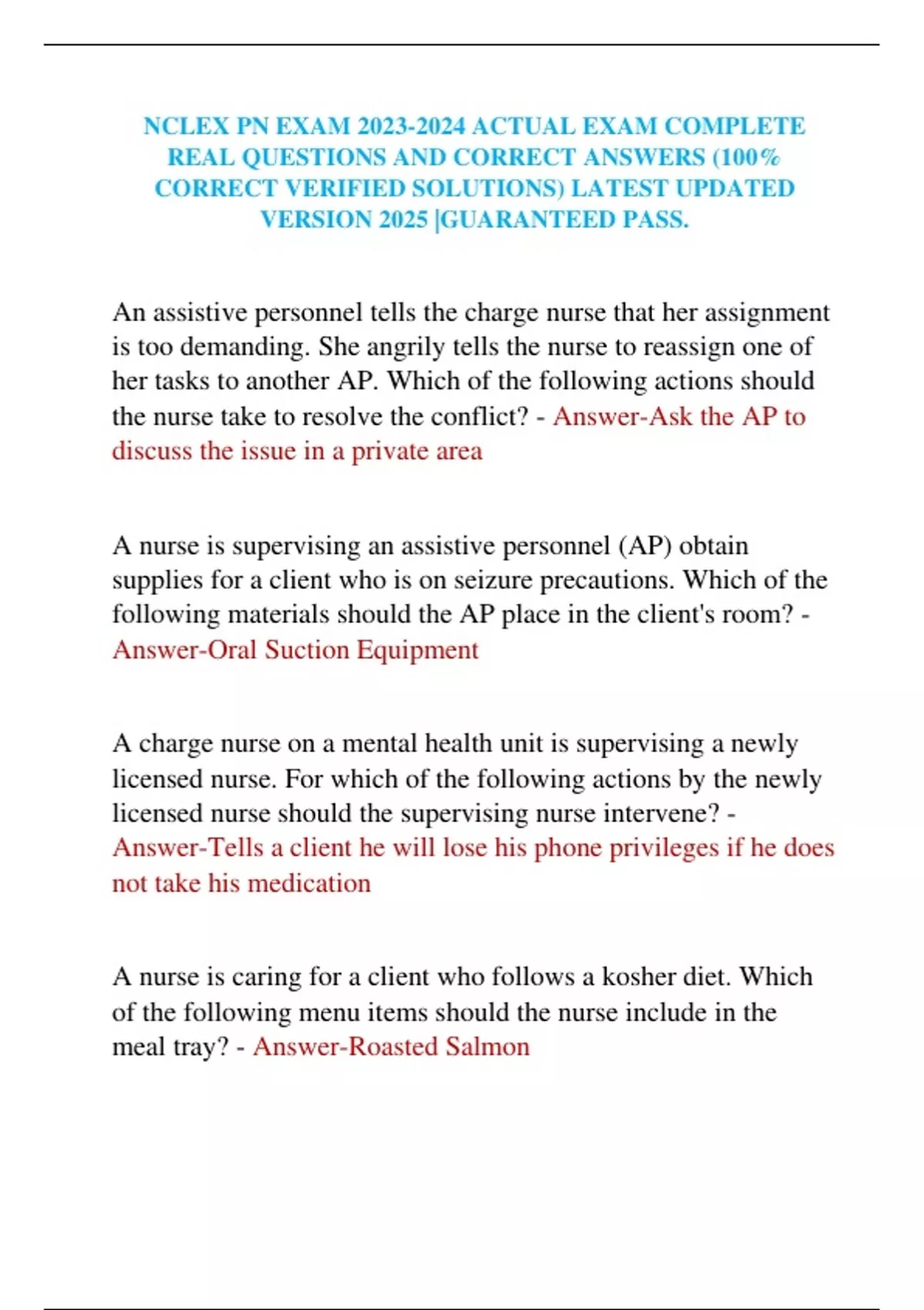 NCLEX PN EXAM ACTUAL EXAM COMPLETE REAL QUESTIONS AND CORRECT ANSWERS ...