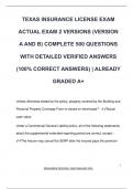 TEXAS INSURANCE LICENSE EXAM ACTUAL EXAM 2 VERSIONS &lpar;VERSION  A AND B&rpar; COMPLETE 500 QUESTIONS  WITH DETAILED VERIFIED ANSWERS  &lpar;100&percnt; CORRECT ANSWERS&rpar; &vert; ALREADY  GRADED A&plus;
