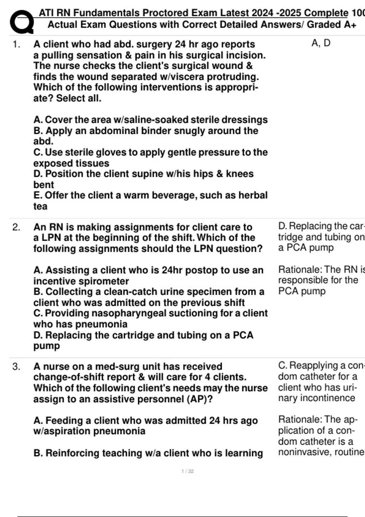 ATI RN Fundamentals Proctored Exam Latest Complete 100 Actual Exam ...