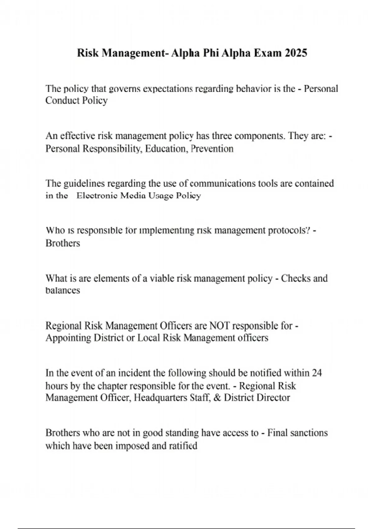 Risk Management- Alpha Phi Alpha Exam 2025 - Risk management - Stuvia US