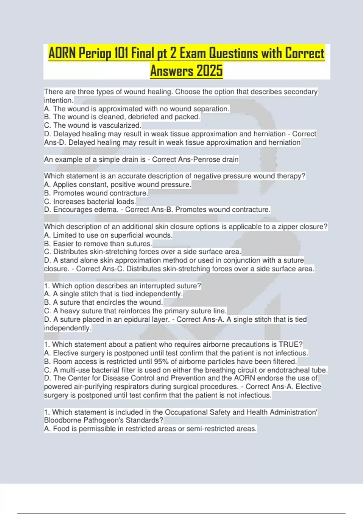 AORN Periop 101 Final pt 2 Exam Questions with Correct Answers 2025 ...